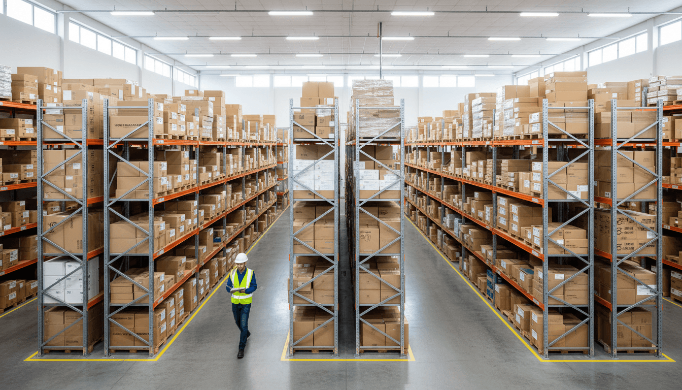 Organized storage facility with labeled boxes and shelving
