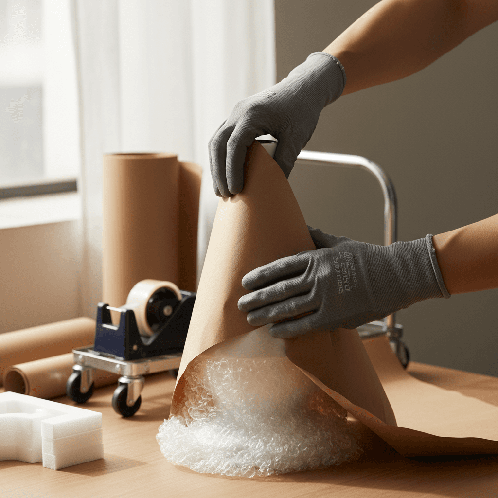 Professional handling showing careful packing and protection of delicate items