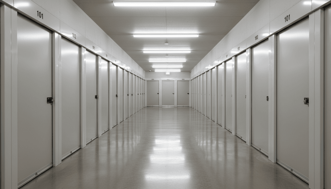 Secure storage facility showing organized climate-controlled units
